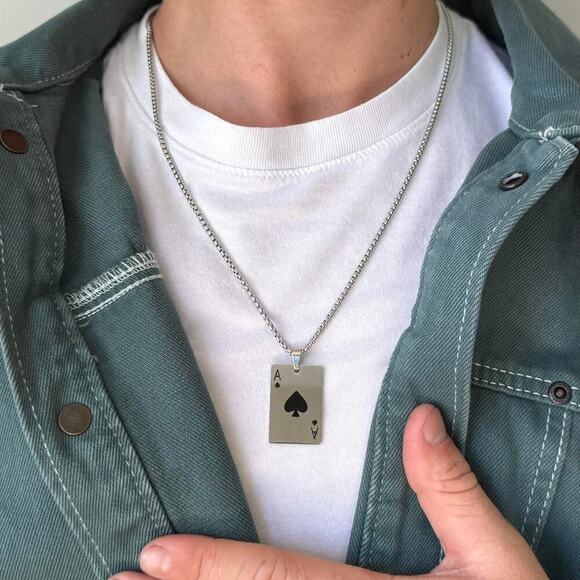 Y2K Silver Tone Ace of Spades Necklace 22" Chain Unisex Statement Punk New - Picture 1 of 8